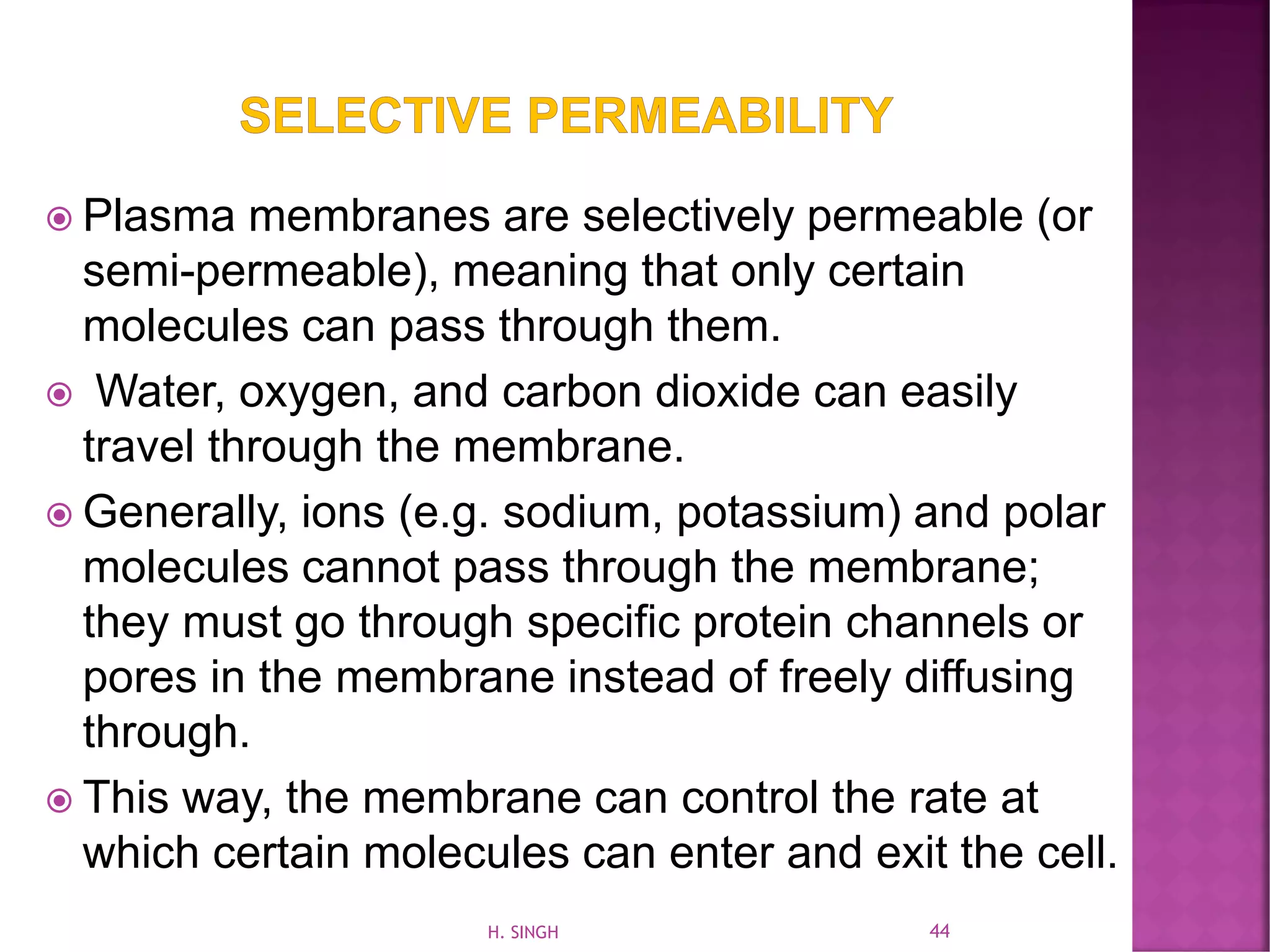  Plasma membranes are selectively permeable (or
semi-permeable), meaning that only certain
molecules can pass through them.
 Water, oxygen, and carbon dioxide can easily
travel through the membrane.
 Generally, ions (e.g. sodium, potassium) and polar
molecules cannot pass through the membrane;
they must go through specific protein channels or
pores in the membrane instead of freely diffusing
through.
 This way, the membrane can control the rate at
which certain molecules can enter and exit the cell.
44H. SINGH
 