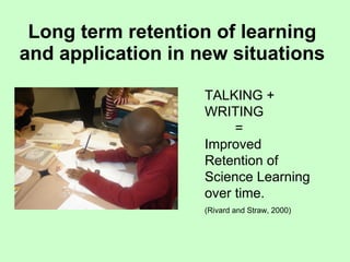 Long term retention of learning and application in new situations TALKING + WRITING = Improved Retention of  Science Learning over time. (Rivard and Straw, 2000) 