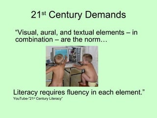 21 st  Century Demands “Visual, aural, and textual elements – in combination – are the norm… Literacy requires fluency in each element.” YouTube-”21 st  Century Literacy” 