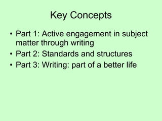 Key Concepts Part 1: Active engagement in subject matter through writing Part 2: Standards and structures Part 3: Writing: part of a better life 