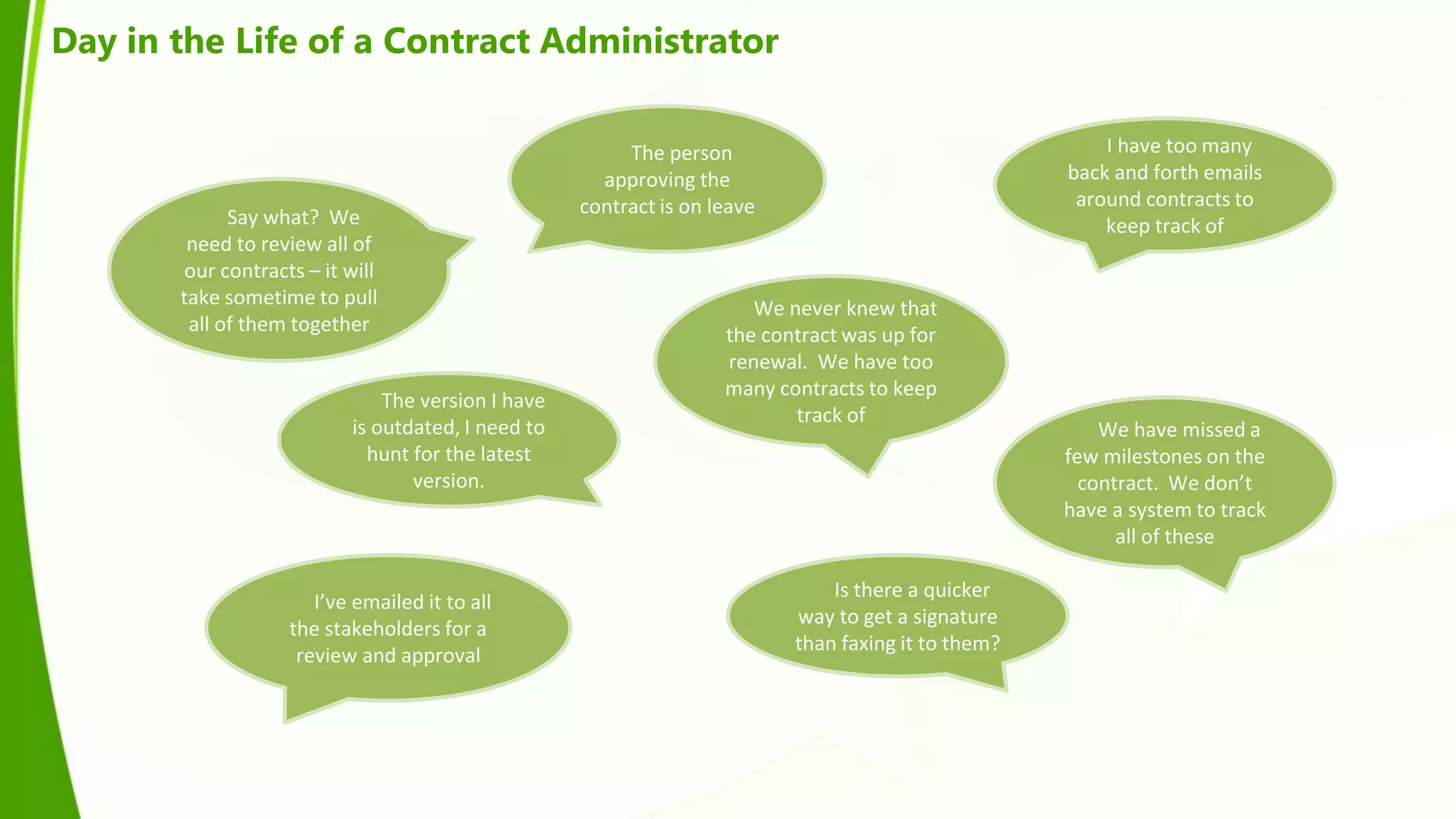 Day in the Life of a Contract Administrator

                                                         The person                                      I have too many
                                                      approving the                                  back and forth emails
                                                    contract is on leave                              around contracts to
             Say what? We                                                                                keep track of
        need to review all of
       our contracts – it will
       take sometime to pull                                           We never knew that
        all of them together                                        the contract was up for
                                                                    renewal. We have too
                                                                    many contracts to keep
                               The version I have
                                                                           track of
                           is outdated, I need to                                                        We have missed a
                             hunt for the latest                                                     few milestones on the
                                  version.                                                             contract. We don’t
                                                                                                     have a system to track
                                                                                                           all of these

                                                                               Is there a quicker
                      I’ve emailed it to all
                                                                           way to get a signature
                   the stakeholders for a
                                                                           than faxing it to them?
                    review and approval
 