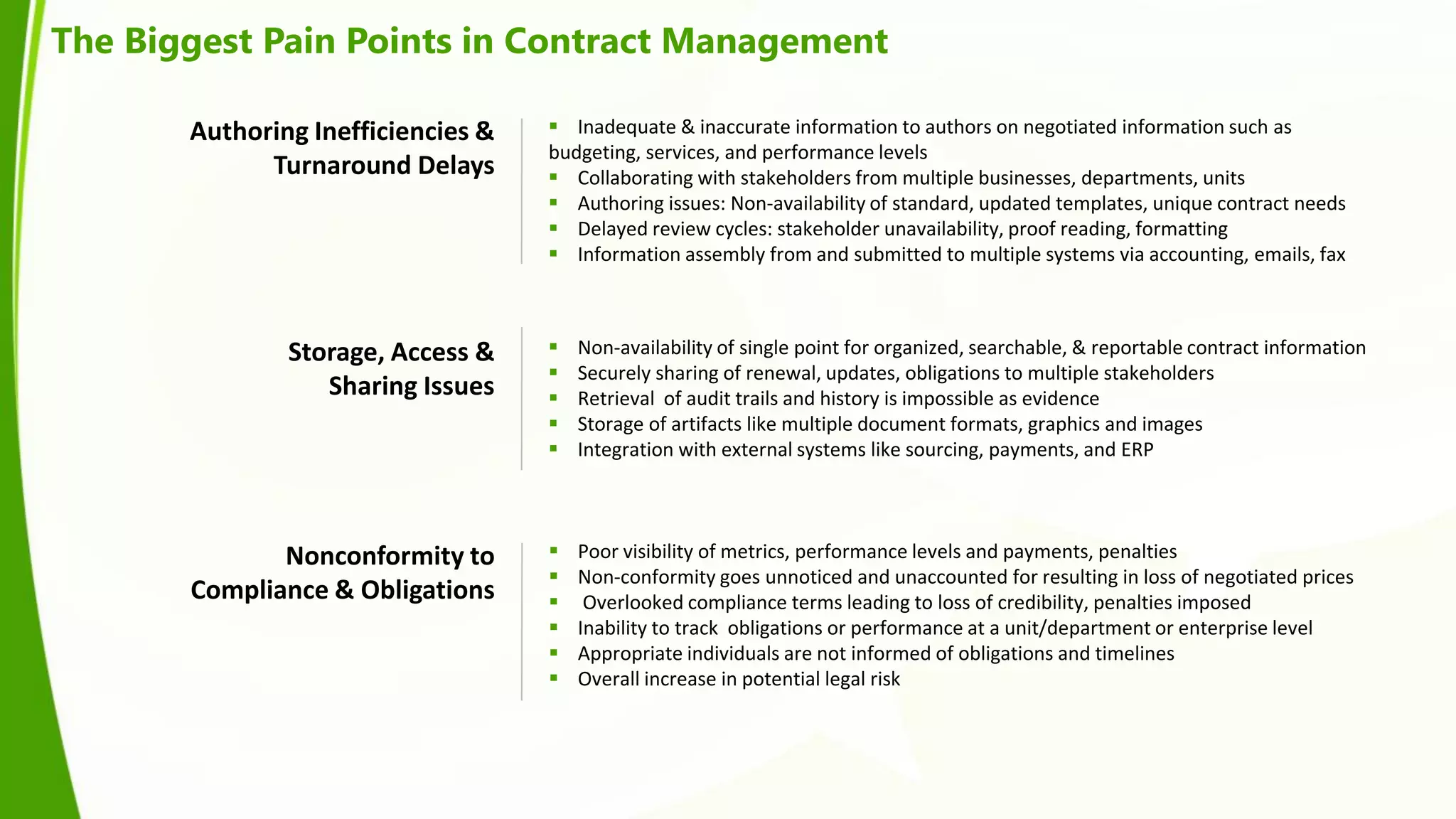 The Biggest Pain Points in Contract Management

       Authoring Inefficiencies &    Inadequate & inaccurate information to authors on negotiated information such as
                                    budgeting, services, and performance levels
             Turnaround Delays       Collaborating with stakeholders from multiple businesses, departments, units
                                     Authoring issues: Non-availability of standard, updated templates, unique contract needs
                                     Delayed review cycles: stakeholder unavailability, proof reading, formatting
                                     Information assembly from and submitted to multiple systems via accounting, emails, fax



               Storage, Access &       Non-availability of single point for organized, searchable, & reportable contract information
                                       Securely sharing of renewal, updates, obligations to multiple stakeholders
                  Sharing Issues       Retrieval of audit trails and history is impossible as evidence
                                       Storage of artifacts like multiple document formats, graphics and images
                                       Integration with external systems like sourcing, payments, and ERP




              Nonconformity to         Poor visibility of metrics, performance levels and payments, penalties
                                       Non-conformity goes unnoticed and unaccounted for resulting in loss of negotiated prices
       Compliance & Obligations         Overlooked compliance terms leading to loss of credibility, penalties imposed
                                       Inability to track obligations or performance at a unit/department or enterprise level
                                       Appropriate individuals are not informed of obligations and timelines
                                       Overall increase in potential legal risk
 