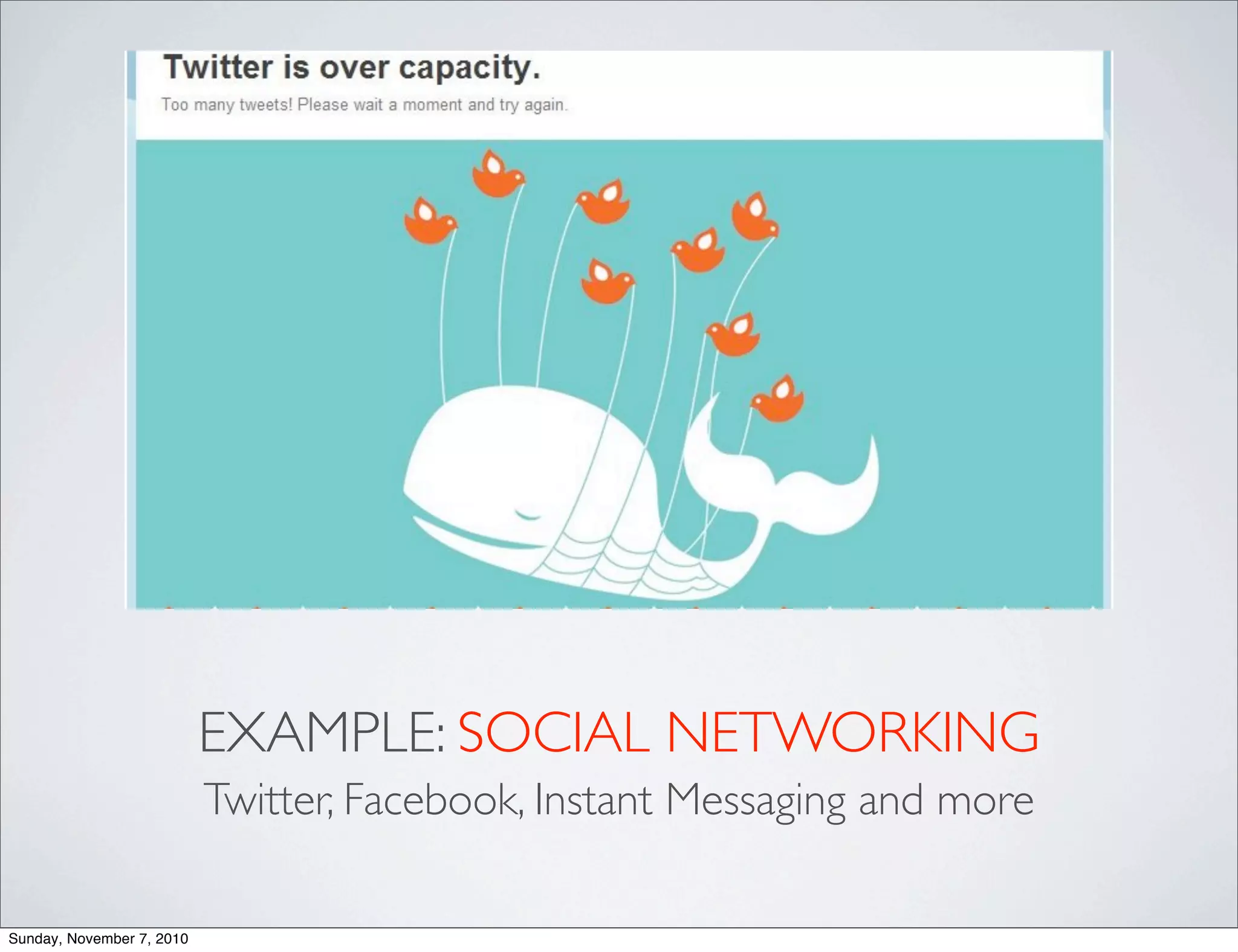EXAMPLE: SOCIAL NETWORKING
Twitter, Facebook, Instant Messaging and more
Sunday, November 7, 2010
 