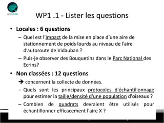 WP1 .1 - Lister les questions
• Locales : 6 questions
   – Quel est l’impact de la mise en place d’une aire de
     stationnement de poids lourds au niveau de l’aire
     d’autoroute de Vidauban ?
   – Puis-je observer des Bouquetins dans le Parc National des
     Ecrins?
• Non classées : 12 questions
    concernent la collecte de données.
   – Quels sont les principaux protocoles d'échantillonnage
     pour estimer la taille/densité d'une population d'oiseaux ?
   – Combien de quadrats devraient être utilisés pour
     échantillonner efficacement l'aire X ?
 