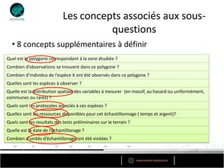 Les concepts associés aux sous-
                                       questions
  • 8 concepts supplémentaires à définir
Quel est le polygone correspondant à la zone étudiée ?
Combien d’observations se trouvent dans ce polygone ?
Combien d’individus de l’espèce X ont été observés dans ce polygone ?
Quelles sont les espèces à observer ?
Quelle est la distribution spatiale des variables à mesurer (en massif, au hasard ou uniformément,
communes ou rares) ?
Quels sont les protocoles associés à ces espèces ?
Quelles sont les ressources disponibles pour cet échantillonnage ( temps et argent)?
Quels sont les resultats des tests préliminaires sur le terrain ?
Quelle est la date de l’échantillonage ?
Combien d’unités d’échantillonage ont été visitées ?
 