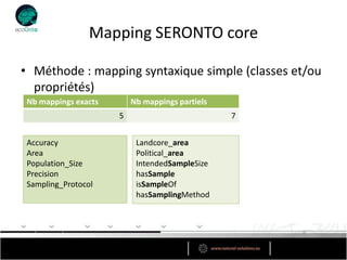 Mapping SERONTO core

• Méthode : mapping syntaxique simple (classes et/ou
  propriétés)
 Nb mappings exacts       Nb mappings partiels
                      5                          7


 Accuracy                  Landcore_area
 Area                      Political_area
 Population_Size           IntendedSampleSize
 Precision                 hasSample
 Sampling_Protocol         isSampleOf
                           hasSamplingMethod
 