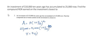 An investment of $10,000 ten years ago has accumulated to 25,000 now. Find the
compound ROR earned on the investment closest to