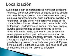 LocalizaciónSus límites están comprendidos al norte por el océano Atlántico, al sur por el divorcio de aguas que se separa las corrientes que desembocan directamente al mar y las que al sur desembocan  en la quebrada  concha y el río piedras, al este por el río piedras y al oeste por la punta de las minas en el extremo noroeste de la bahía de taganga. Las laderas que caen al mar en el parque tayrona son las últimas estribaciones de la sierra nevada de santa marta, que forman una especie de mano gigante, entre cuyos dedos se encuentran las ensenadas de concha, chengue, gayraca, neguanje, cinto, guachaquita y palmarito. Todas ellas son de una gran belleza y poseen características geomorfológicas, climatológicas y edáficas diversas, que hace de la vida en cada una de ellas un universo diferente.