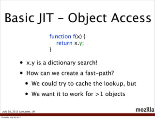 Basic JIT – Object Access
                                    function f(x) {
                                      return x.y;
                                    }

                     •    x.y is a dictionary search!

                     •    How can we create a fast-path?

                          •   We could try to cache the lookup, but

                          •   We want it to work for >1 objects

 July 28, 2011 Lancaster, UK

Thursday, July 28, 2011
 