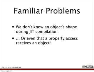 Familiar Problems

                     • We don’t know an object’s shape
                          during JIT compilation...