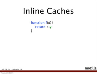 Inline Caches
                                 function f(x) {
                                   return x.y;
                                 }




 July 28, 2011 Lancaster, UK

Thursday, July 28, 2011
 