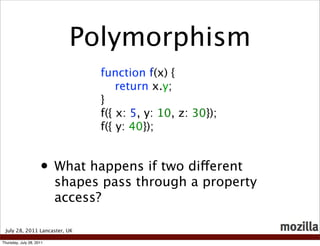 Polymorphism
                                function f(x) {
                                    return x.y;
                                }
                                f({ x: 5, y: 10, z: 30});
                                f({ y: 40});


                     • What happens if two different
                          shapes pass through a property
                          access?

 July 28, 2011 Lancaster, UK

Thursday, July 28, 2011
 