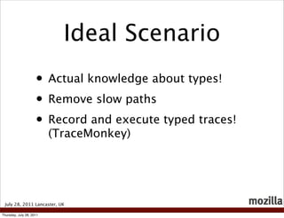 Ideal Scenario
                     • Actual knowledge about types!
                     • Remove slow paths
                     • Record and execute typed traces!
                          (TraceMonkey)




 July 28, 2011 Lancaster, UK

Thursday, July 28, 2011
 