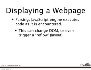 Displaying a Webpage
                     • Parsing, JavaScript engine executes
                          code as it is en...