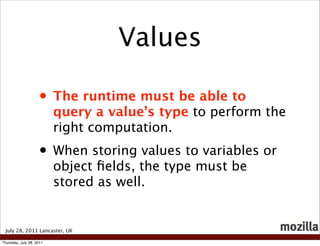 Values

                    • The runtime must be able to
                          query a value’s type to perform the
  ...