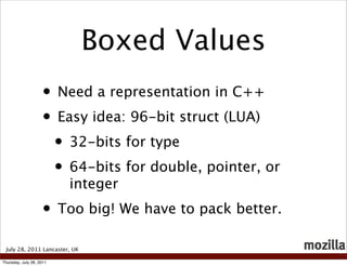 Boxed Values
                    • Need a representation in C++
                    • Easy idea: 96-bit struct (LUA)
                     • 32-bits for type
                     • 64-bits for double, pointer, or
                          integer
                    • Too big! We have to pack better.
 July 28, 2011 Lancaster, UK

Thursday, July 28, 2011
 