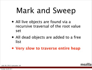 Mark and Sweep
                     • All live objects are found via a
                          recursive traversal of th...