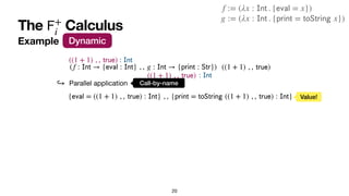 The Calculus
𝖥
+
i
20
Example Dynamic
((1 + 1) , ,
𝗍
𝗋
𝗎
𝖾
)
((1 + 1) , ,
𝗍
𝗋
𝗎
𝖾
)
((1 + 1) , ,
𝗍
𝗋
𝗎
𝖾
)
:
𝖨
𝗇
𝗍
:
𝖨
𝗇
𝗍
Call-by-name
↪ Parallel application
(f :
𝖨
𝗇
𝗍
→ {
𝖾
𝗏
𝖺
𝗅
:
𝖨
𝗇
𝗍
} , , g :
𝖨
𝗇
𝗍
→ {
𝗉
𝗋
𝗂
𝗇
𝗍
:
𝖲
𝗍
𝗋
})
g := (λx :
𝖨
𝗇
𝗍
. {
𝗉
𝗋
𝗂
𝗇
𝗍
=
𝗍
𝗈
𝖲
𝗍
𝗋
𝗂
𝗇
𝗀
x})
f := (λx :
𝖨
𝗇
𝗍
. {
𝖾
𝗏
𝖺
𝗅
= x})
{
𝖾
𝗏
𝖺
𝗅
= ((1 + 1) , ,
𝗍
𝗋
𝗎
𝖾
) :
𝖨
𝗇
𝗍
} , , {
𝗉
𝗋
𝗂
𝗇
𝗍
=
𝗍
𝗈
𝖲
𝗍
𝗋
𝗂
𝗇
𝗀
((1 + 1) , ,
𝗍
𝗋
𝗎
𝖾
) :
𝖨
𝗇
𝗍
} Value!
 