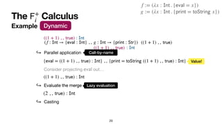 The Calculus
𝖥
+
i
20
Example Dynamic
(2 , ,
𝗍
𝗋
𝗎
𝖾
) :
𝖨
𝗇
𝗍
((1 + 1) , ,
𝗍
𝗋
𝗎
𝖾
)
((1 + 1) , ,
𝗍
𝗋
𝗎
𝖾
)
((1 + 1) , ,
𝗍
𝗋
𝗎
𝖾
)
:
𝖨
𝗇
𝗍
:
𝖨
𝗇
𝗍
Call-by-name
↪ Parallel application
↪ Evaluate the merge
Evaluate the merge Lazy evaluation
↪ Casting
(f :
𝖨
𝗇
𝗍
→ {
𝖾
𝗏
𝖺
𝗅
:
𝖨
𝗇
𝗍
} , , g :
𝖨
𝗇
𝗍
→ {
𝗉
𝗋
𝗂
𝗇
𝗍
:
𝖲
𝗍
𝗋
})
g := (λx :
𝖨
𝗇
𝗍
. {
𝗉
𝗋
𝗂
𝗇
𝗍
=
𝗍
𝗈
𝖲
𝗍
𝗋
𝗂
𝗇
𝗀
x})
f := (λx :
𝖨
𝗇
𝗍
. {
𝖾
𝗏
𝖺
𝗅
= x})
{
𝖾
𝗏
𝖺
𝗅
= ((1 + 1) , ,
𝗍
𝗋
𝗎
𝖾
) :
𝖨
𝗇
𝗍
} , , {
𝗉
𝗋
𝗂
𝗇
𝗍
=
𝗍
𝗈
𝖲
𝗍
𝗋
𝗂
𝗇
𝗀
((1 + 1) , ,
𝗍
𝗋
𝗎
𝖾
) :
𝖨
𝗇
𝗍
}
Consider projecting out…
𝖾
𝗏
𝖺
𝗅
((1 + 1) , ,
𝗍
𝗋
𝗎
𝖾
) :
𝖨
𝗇
𝗍
Value!
 