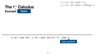 The Calculus
𝖥
+
i
Example
21
((1 + 1) , ,
𝗍
𝗋
𝗎
𝖾
) ⇒
Type synthesis
(f :
𝖨
𝗇
𝗍
→ {
𝖾
𝗏
𝖺
𝗅
:
𝖨
𝗇
𝗍
} , , g :
𝖨
𝗇
𝗍
→ {
𝗉...