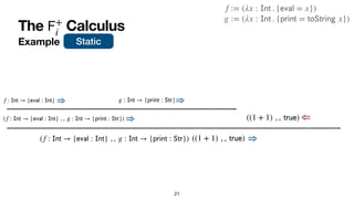 The Calculus
𝖥
+
i
Example
21
((1 + 1) , ,
𝗍
𝗋
𝗎
𝖾
) ⇒
(f :
𝖨
𝗇
𝗍
→ {
𝖾
𝗏
𝖺
𝗅
:
𝖨
𝗇
𝗍
} , , g :
𝖨
𝗇
𝗍
→ {
𝗉
𝗋
𝗂
𝗇
𝗍
:
𝖲
𝗍
𝗋
}) ⇒
f :
𝖨
𝗇
𝗍
→ {
𝖾
𝗏
𝖺
𝗅
:
𝖨
𝗇
𝗍
} ⇒ g :
𝖨
𝗇
𝗍
→ {
𝗉
𝗋
𝗂
𝗇
𝗍
:
𝖲
𝗍
𝗋
}⇒
(f :
𝖨
𝗇
𝗍
→ {
𝖾
𝗏
𝖺
𝗅
:
𝖨
𝗇
𝗍
} , , g :
𝖨
𝗇
𝗍
→ {
𝗉
𝗋
𝗂
𝗇
𝗍
:
𝖲
𝗍
𝗋
})
g := (λx :
𝖨
𝗇
𝗍
. {
𝗉
𝗋
𝗂
𝗇
𝗍
=
𝗍
𝗈
𝖲
𝗍
𝗋
𝗂
𝗇
𝗀
x})
f := (λx :
𝖨
𝗇
𝗍
. {
𝖾
𝗏
𝖺
𝗅
= x})
Static
((1 + 1) , ,
𝗍
𝗋
𝗎
𝖾
) ⇐
 