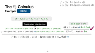 The Calculus
𝖥
+
i
Example
23
((1 + 1) , ,
𝗍
𝗋
𝗎
𝖾
) ⇒
(f :
𝖨
𝗇
𝗍
→ {
𝖾
𝗏
𝖺
𝗅
:
𝖨
𝗇
𝗍
} , , g :
𝖨
𝗇
𝗍
→ {
𝗉
𝗋
𝗂
𝗇
𝗍
:
𝖲
𝗍
𝗋
}) ⇒(
𝖨
𝗇
𝗍
→ {
𝖾
𝗏
𝖺
𝗅
:
𝖨
𝗇
𝗍
}) (
𝖨
𝗇
𝗍
→ {
𝗉
𝗋
𝗂
𝗇
𝗍
:
𝖲
𝗍
𝗋
})
&
(f :
𝖨
𝗇
𝗍
→ {
𝖾
𝗏
𝖺
𝗅
:
𝖨
𝗇
𝗍
} , , g :
𝖨
𝗇
𝗍
→ {
𝗉
𝗋
𝗂
𝗇
𝗍
:
𝖲
𝗍
𝗋
})
g := (λx :
𝖨
𝗇
𝗍
. {
𝗉
𝗋
𝗂
𝗇
𝗍
=
𝗍
𝗈
𝖲
𝗍
𝗋
𝗂
𝗇
𝗀
x})
f := (λx :
𝖨
𝗇
𝗍
. {
𝖾
𝗏
𝖺
𝗅
= x})
Static
((1 + 1) , ,
𝗍
𝗋
𝗎
𝖾
) ⇐
⊳
Applicative distribution
𝖨
𝗇
𝗍
→ {
𝖾
𝗏
𝖺
𝗅
:
𝖨
𝗇
𝗍
} & {
𝗉
𝗋
𝗂
𝗇
𝗍
:
𝖲
𝗍
𝗋
}
(
𝖨
𝗇
𝗍
→ {
𝖾
𝗏
𝖺
𝗅
:
𝖨
𝗇
𝗍
}) (
𝖨
𝗇
𝗍
→ {
𝗉
𝗋
𝗂
𝗇
𝗍
:
𝖲
𝗍
𝗋
})
&
(A → B1) & (A → B2) <: A → B1 & B2
𝖨
𝗇
𝗍
((1 + 1) , ,
𝗍
𝗋
𝗎
𝖾
) ⇒
𝖨
𝗇
𝗍
&
𝖡
𝗈
𝗈
𝗅
𝖨
𝗇
𝗍
&
𝖡
𝗈
𝗈
𝗅
<:
𝖨
𝗇
𝗍
 