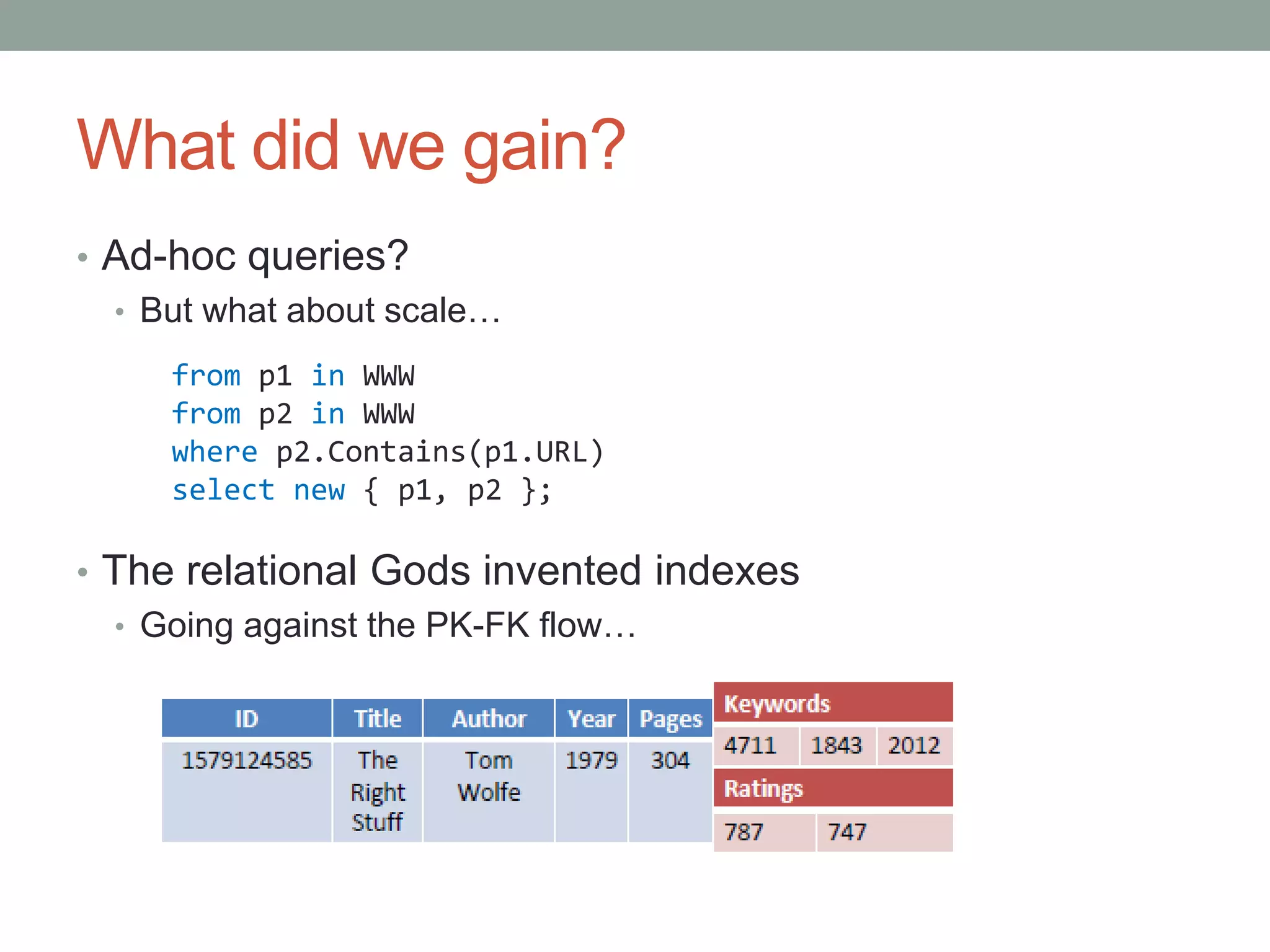 What did we gain?Ad-hoc queries?But what about scale…The relational Gods invented indexesGoing against the PK-FK flow…from p1 in WWWfrom p2 in WWWwhere p2.Contains(p1.URL)selectnew { p1, p2 };