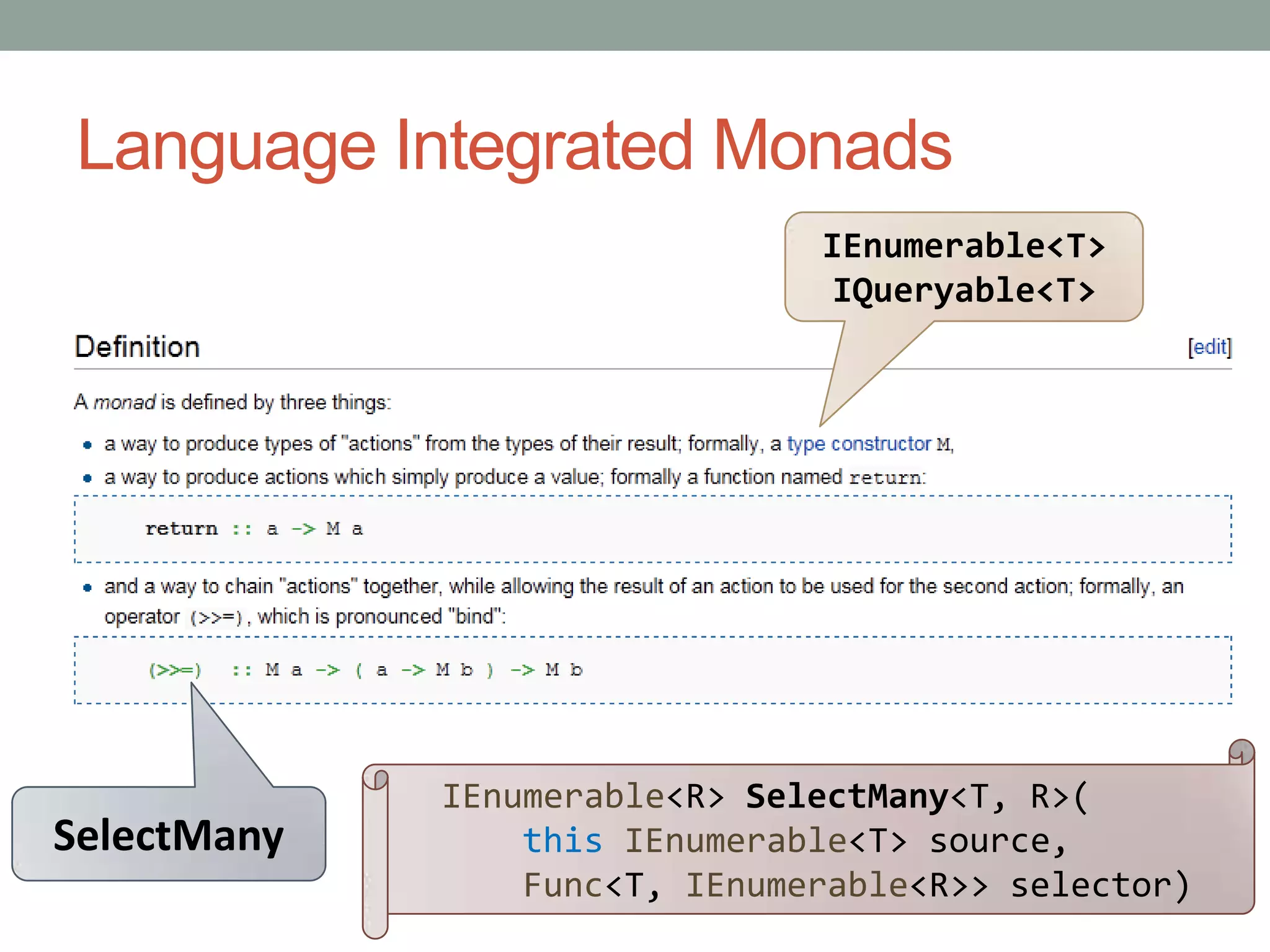 Language Integrated MonadsIEnumerable<T>IQueryable<T>IEnumerable<R> SelectMany<T, R>(this IEnumerable<T> source,Func<T, IEnumerable<R>> selector)SelectMany
