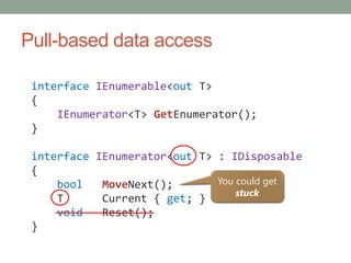 Pull-based data access<br />interfaceIEnumerable<out T><br />{<br />IEnumerator<T> GetEnumerator();}<br />interfaceIEnumer...
