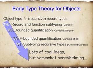 Early Type Theory for Objects
Object type ≒ (recursive) record types
'84: Record and function subtyping [Cardelli]
  '85: Bounded quantification [Cardelli&Wegner]

      '89: F-bounded quantification [Canning et al.]
        '91: Subtyping recursive types     [Amadio&Cardelli]


                 Lots of cool ideas,
                 but somewhat overwhelming...
 