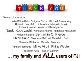 To my collaborators:
    João Filipe Belo Shigeru Chiba Michael Greenberg
        Robert Hirschfeld Lintaro Ina Masashi Iwaki
           Futoshi Iwama Yukiyoshi Kameyama
  Naoki Kobayashi Kensuke Kojima Hidehiko Masuhara
         Hideshi Nagira Benjamin C. Pierce
     Chieri Saito Takafumi Sakurai Masahiko Sato
             Naokata Shikuma Manabu Toyama
       Takeshi Tsukada   Mirko Viroli Philip Wadler
                 Yosihiro Yuse   Salikh Zakirov

   … my family and ALL users of FJ!
 