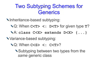 Two Subtyping Schemes for
           Generics
Inheritance-based subtyping:
  Q: When C<T> <: D<T> for given type T?
  A: c...