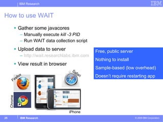 How to use WAIT Gather some javacores Manually execute  kill -3 PID Run WAIT data collection script Upload data to server http:// wait.researchlabs.ibm.com View result in browser Firefox Safari Chrome iPhone Free, public server Nothing to install Sample-based (low overhead) Doesn’t require restarting app 