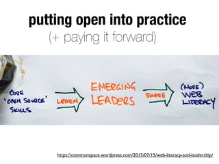 putting open into practice
(+ paying it forward)
https://commonspace.wordpress.com/2015/07/15/web-literacy-and-leadership/
 