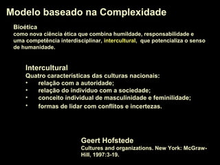 Modelo baseado na ComplexidadeModelo baseado na Complexidade
Geert Hofstede
Cultures and organizations. New York: McGraw-
Hill, 1997:3-19.
InterculturalIntercultural
Quatro características das culturas nacionais:
• relação com a autoridade;
• relação do indivíduo com a sociedade;
• conceito individual de masculinidade e feminilidade;
• formas de lidar com conflitos e incertezas.
BioéticaBioética
como nova ciência ética que combina humildade, responsabilidade e
uma competência interdisciplinar, interculturalintercultural, que potencializa o senso
de humanidade.
 