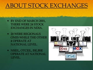 ABOUT STOCK EXCHANGES

 BY END OF MARCH 2001,
  THERE WERE 24 STOCK
  EXCHANGES IN NDIA.

 20 WERE REGIONALS
  ONES WHILE THE OTHER
  4 OPERATE AT
  NATIONAL LEVEL.

 NSEIL, OTCEIL, ISE,BSE
  OPERATE AT NATIONAL
  LEVEL.
 