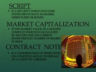 SCRIPT
 IS A SECURITY WHICH INCLUDES
  INSTRUMENTS SUCH AS SHARES,
  DEBENTURES OR BONDS.


MARKET CAPITALIZATION
 IS THE MARKET VALUE OF A QUOTED
  COMPANY WHICH IS CALCULATED
  BY MULTIPLYING ITS CURRENT
  SHARE PRICE BY NUMBER OF SHARES
  IN ISSUE.

CONTRACT NOTE
 IS A CONFIRMATION OF TRDES DONE
  ON A PARTICULAR DAY ON BEHALF
  OF A CLIENT BY A BROKER.
 