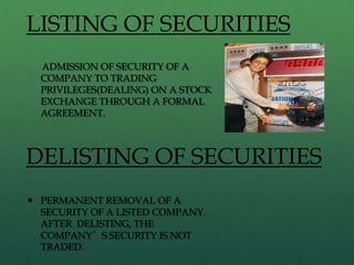 LISTING OF SECURITIES
  ADMISSION OF SECURITY OF A
  COMPANY TO TRADING
  PRIVILEGES(DEALING) ON A STOCK
  EXCHANGE THROUGH A FORMAL
  AGREEMENT.



DELISTING OF SECURITIES
 PERMANENT REMOVAL OF A
  SECURITY OF A LISTED COMPANY.
  AFTER DELISTING, THE
  COMPANY’S SECURITY IS NOT
  TRADED.
 