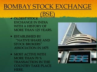 BOMBAY STOCK EXCHANGE
         (BSE)
  OLDEST STOCK
   EXCHANGE IN INDIA
   WITH A HISTORY OF
   MORE THAN 125 YEARS.

  ESTABLISHED BY
   “NATIVE SHARE AND
   STOCK BROKERS”
   ASSOCIATION IN 1875

  MOST ACTIVE WITH
   MORE THAN 70 %
   TRANSACTION IN THE
   COUNTRY TAKE PLACE
   HERE.
 