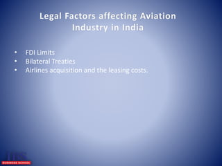 Legal Factors affecting Aviation 
Industry in India 
• FDI Limits 
• Bilateral Treaties 
• Airlines acquisition and the leasing costs. 
 