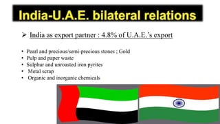  India as export partner : 4.8% of U.A.E.’s export
• Pearl and precious/semi-precious stones ; Gold
• Pulp and paper waste
• Sulphur and unroasted iron pyrites
• Metal scrap
• Organic and inorganic chemicals
 