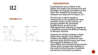 FIGURE 18.1
EXPLANATION
A profession's pay is likely to be
higher the higher the demand for and
the lower the supply of workers in that
field.The markets for doctors and
cleaners are depicted in Figure 18.1.
Doctors are in short supply in
comparison to the demand for their
services. Only a small number of
people possess the necessary
qualifications, as well as the
willingness and capacity to engage in
a significant period of difficult training
to become doctors.
Demand for skilled workers is high,
whilst their supply is low. Skilled
workers are highly productive and
produce high quality output per hour.
The supply of workers in the
agricultural and manufacturing sectors
varies. Some people like working in
the public sector because of greater
job security and better pensions.
 