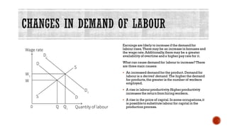 Earnings are likely to increase if the demand for
labour rises.There may be an increase in bonuses and
the wage rate.Additionally,there may be a greater
availability of overtime and a higher pay rate for it.
What can cause demand for labour to increase? There
are three main causes:
▪ An increased demand for the product.Demand for
labour is a derived demand. The higher the demand
for products,the greater is the number of workers
employed.
▪ A rise in labour productivity.Higher productivity
increases the return fromhiring workers.
▪ A rise in the price of capital.In some occupations,it
is possibleto substitute labour for capital in the
production process.
 