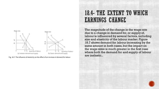 The magnitude of the change in the wage rate
due to a change in demand for, or supply of,
labour is influenced by several factors,including
size and elasticity of the labour market.Figure
18.7 shows demand for labour increasing by the
same amount in both cases,but the impact on
the wage rates is much greater in the first case
where both the demand for and supply of labour
are inelastic..
 