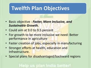 Twelfth Plan Objectives
• Basic objective : Faster, More Inclusive, and
Sustainable Growth.
• Could aim at 9.0 to 9.5 percent
• For growth to be more inclusive we need: Better
performance in agriculture
• Faster creation of jobs, especially in manufacturing
• Stronger efforts at health, education and
Infrastructure.
• Special plans for disadvantaged/backward regions
 