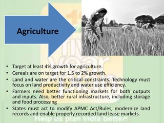 Agriculture
• Target at least 4% growth for agriculture.
• Cereals are on target for 1.5 to 2% growth.
• Land and water are the critical constraints. Technology must
focus on land productivity and water use efficiency.
• Farmers need better functioning markets for both outputs
and inputs. Also, better rural infrastructure, including storage
and food processing
• States must act to modify APMC Act/Rules, modernize land
records and enable properly recorded land lease markets.
 