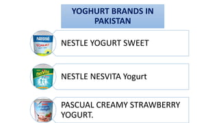YOGHURT BRANDS IN
PAKISTAN
NESTLE YOGURT SWEET
NESTLE NESVITA Yogurt
PASCUAL CREAMY STRAWBERRY
YOGURT.
 