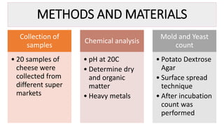 METHODS AND MATERIALS
Collection of
samples
• 20 samples of
cheese were
collected from
different super
markets
Chemical analysis
• pH at 20C
• Determine dry
and organic
matter
• Heavy metals
Mold and Yeast
count
• Potato Dextrose
Agar
• Surface spread
technique
• After incubation
count was
performed
 