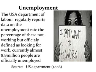 U Unemployment
The USA department of
labour regularly reports
data on the
unemployment rate the
percentage of these not
working but officialy
defined as looking for
work, currently almost
8.8million people are
officially unemployed
Source: US department (2006)
 