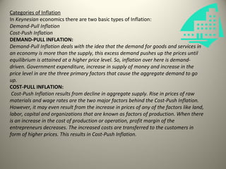 Categories of Inflation
In Keynesian economics there are two basic types of Inflation:
Demand-Pull Inflation
Cost-Push Inflation
DEMAND-PULL INFLATION:
Demand-Pull Inflation deals with the idea that the demand for goods and services in
an economy is more than the supply, this excess demand pushes up the prices until
equilibrium is attained at a higher price level. So, inflation over here is demand-
driven. Government expenditure, increase in supply of money and increase in the
price level in are the three primary factors that cause the aggregate demand to go
up.
COST-PULL INFLATION:
 Cost-Push Inflation results from decline in aggregate supply. Rise in prices of raw
materials and wage rates are the two major factors behind the Cost-Push Inflation.
However, it may even result from the increase in prices of any of the factors like land,
labor, capital and organizations that are known as factors of production. When there
is an increase in the cost of production or operation, profit margin of the
entrepreneurs decreases. The increased costs are transferred to the customers in
form of higher prices. This results in Cost-Push Inflation.
 